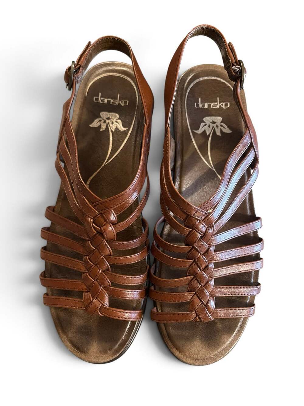 Dansko Dana Cognac Brown Strappy Leather Comfort Gladiator Wedge Sandals EU 39
